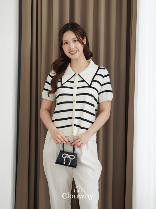 Prisca Collar Knit Top - Cream-Black Stripes