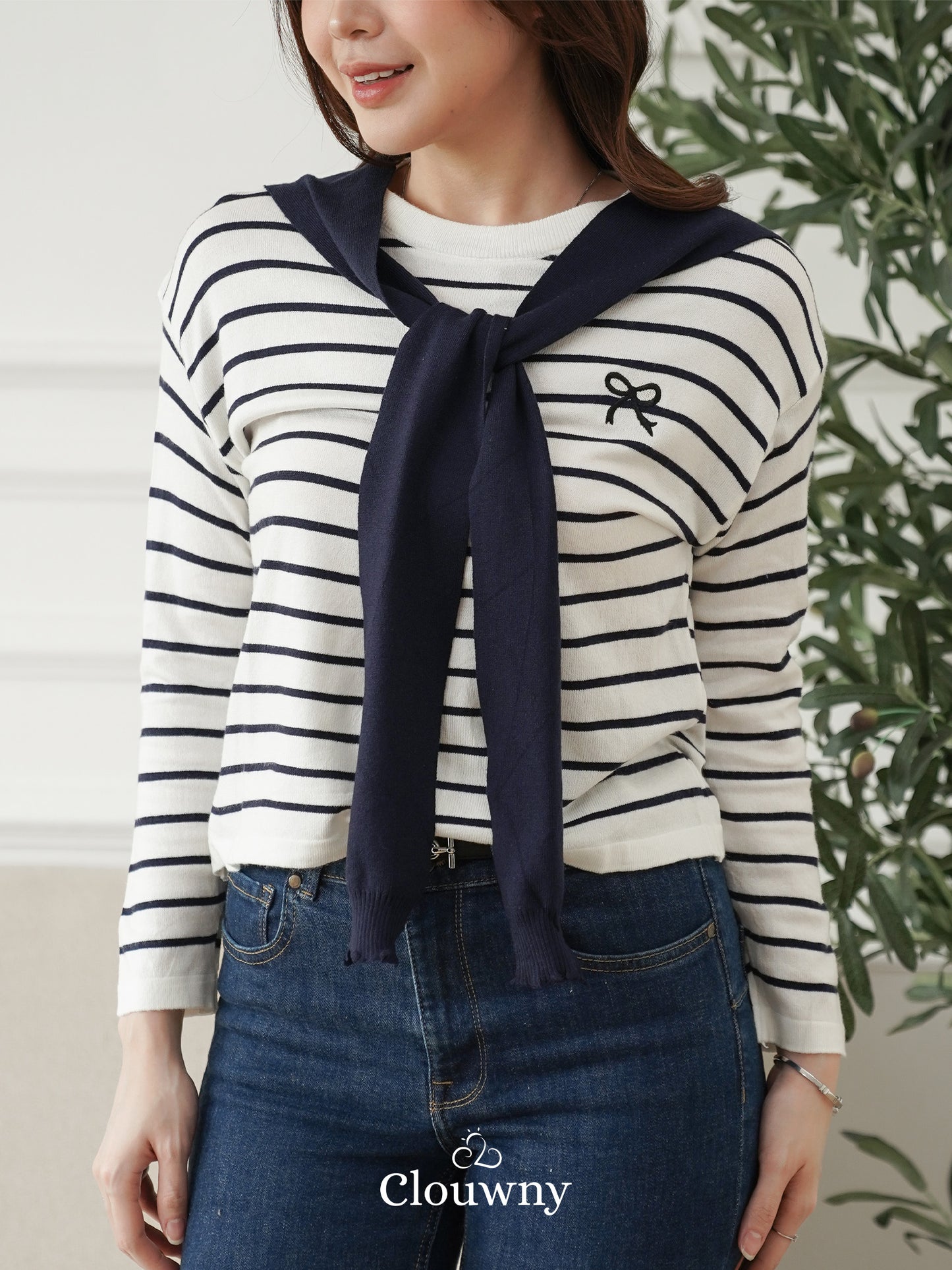 Genevi Scarf Stripes Top - Navy