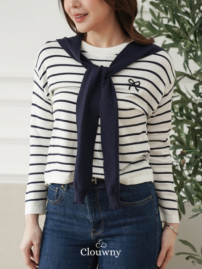 Genevi Scarf Stripes Top - Navy