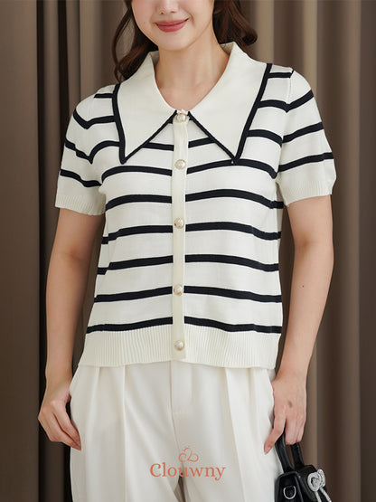 Prisca Collar Knit Top - Cream-Black Stripes