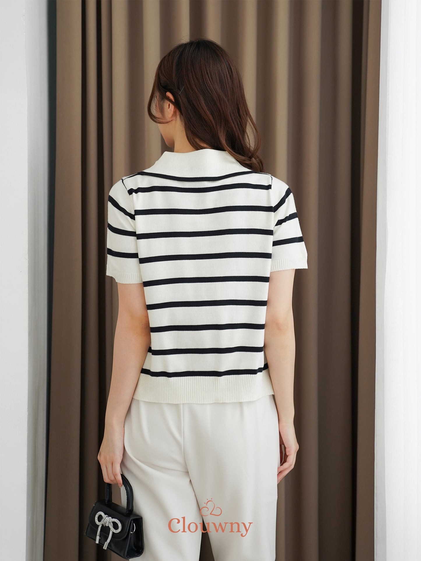 Prisca Collar Knit Top - Cream-Black Stripes