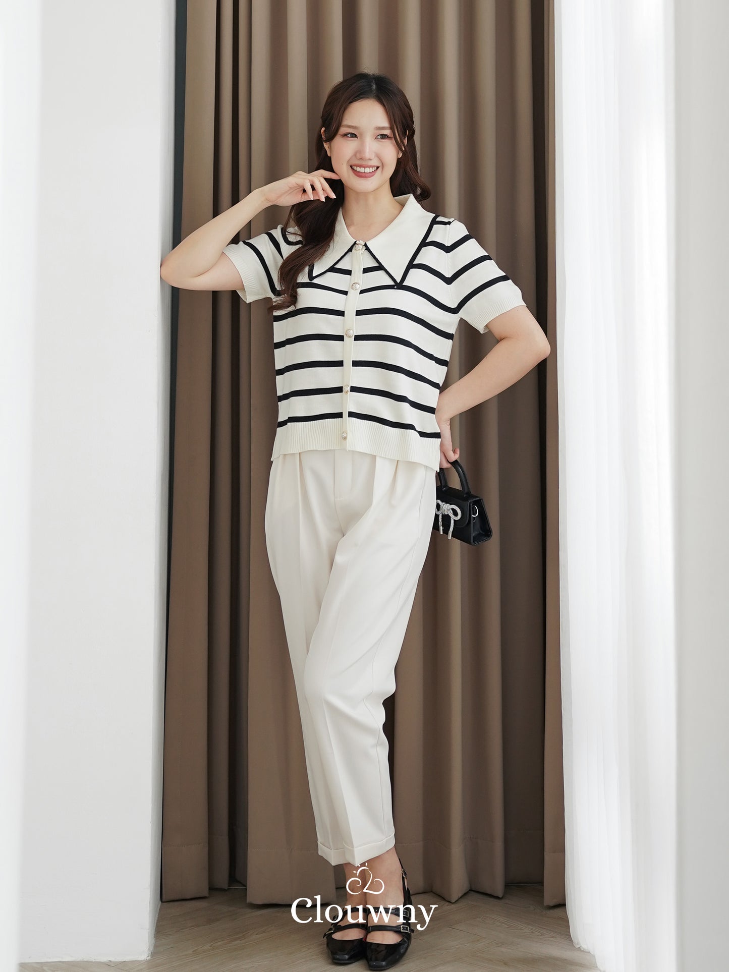 Prisca Collar Knit Top - Cream-Black Stripes