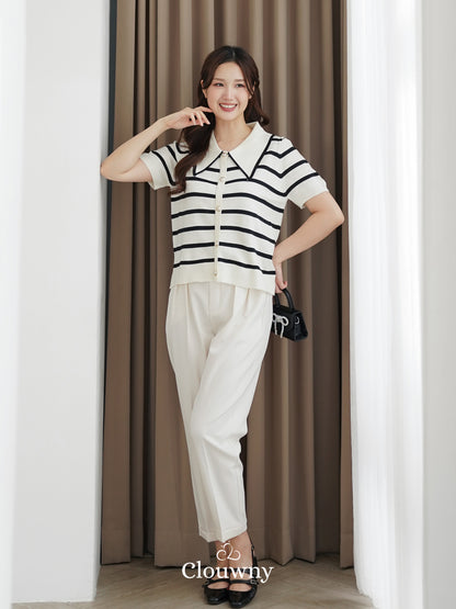 Prisca Collar Knit Top - Cream-Black Stripes