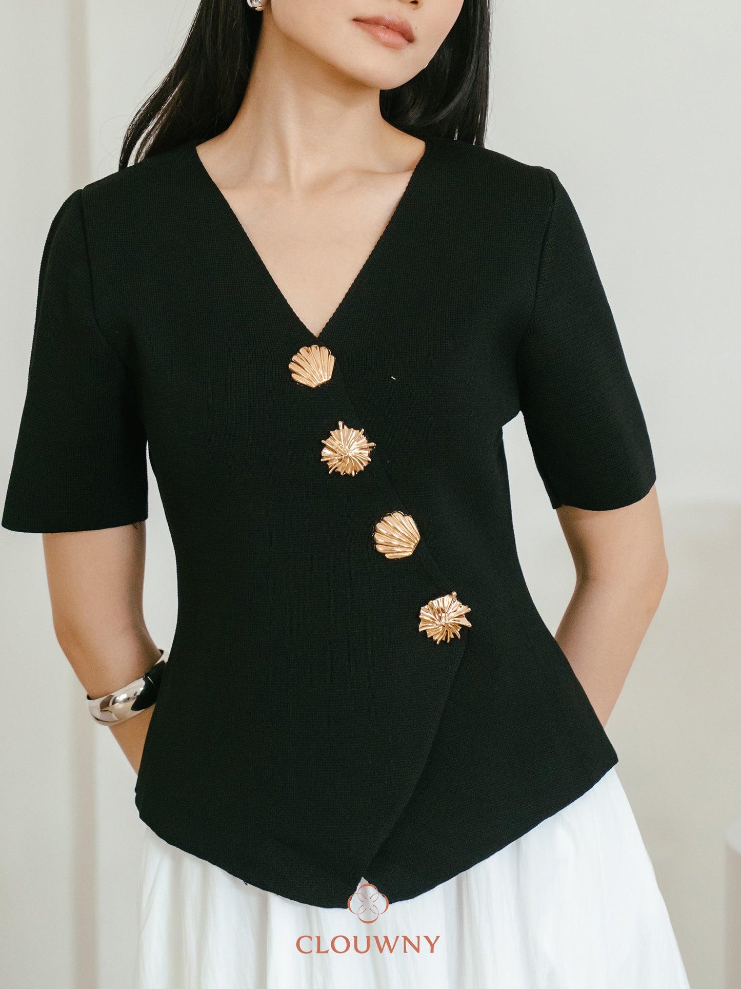 Solea Asymmetric Button Top - Black