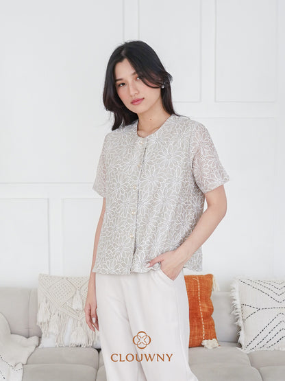 Forest Button Embroidery Blouse - Sage Green