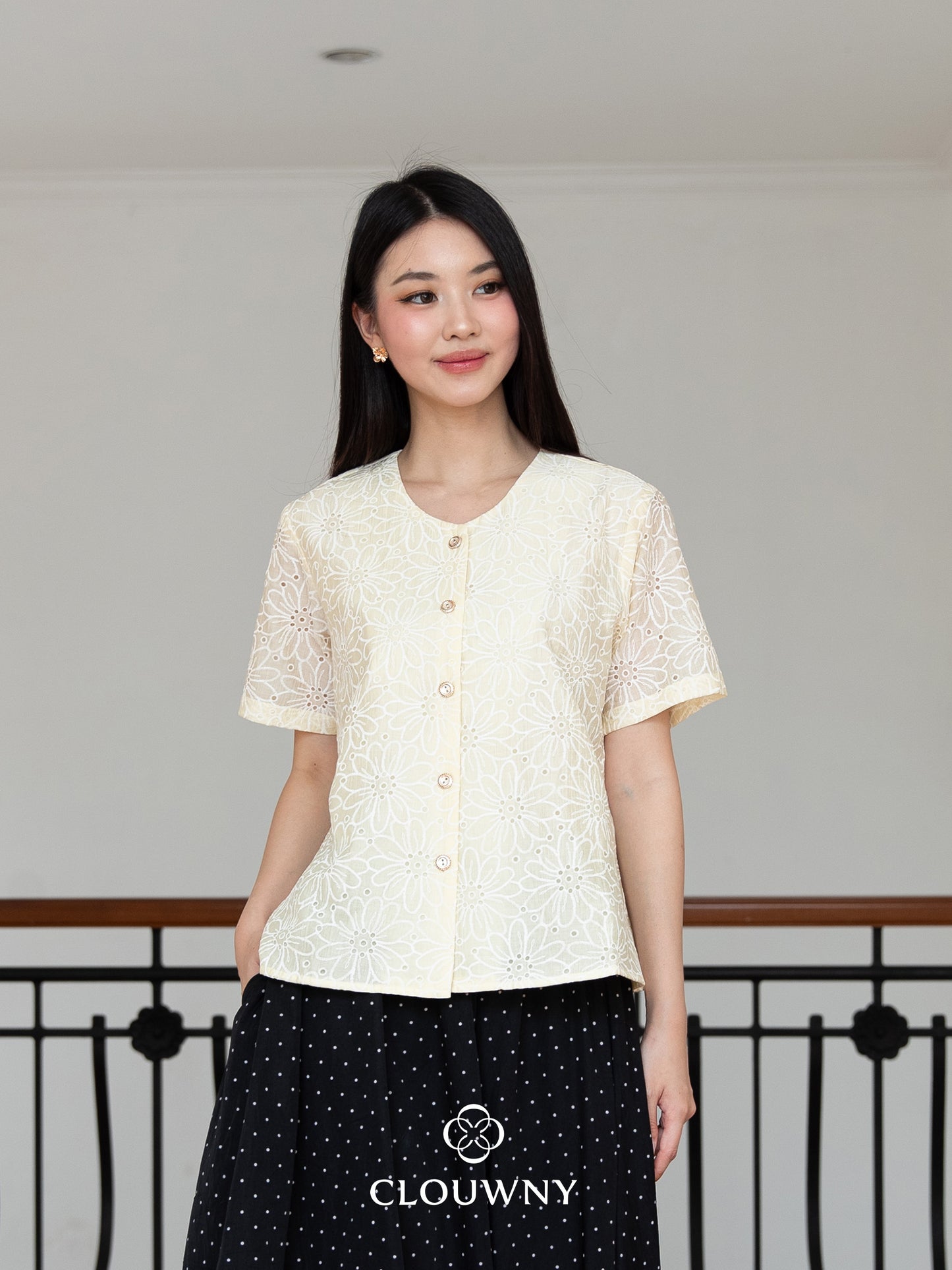 Forest Button Embroidery Blouse - Yellow