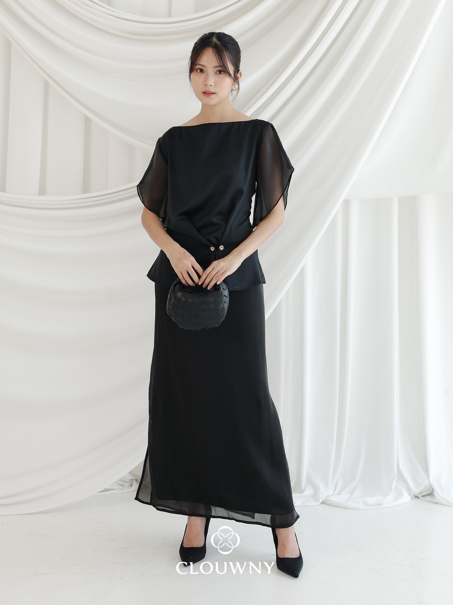 Selena Button Satin Set - Black