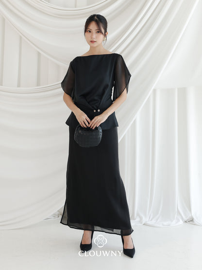 Selena Button Satin Set - Black