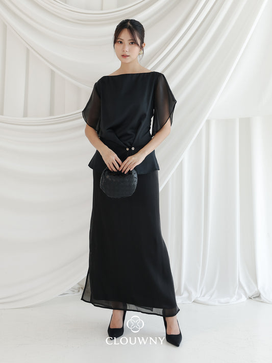 Selena Button Satin Set - Black