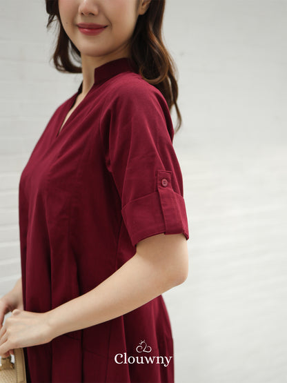 Mayi Loose Vneck Dress - Maroon