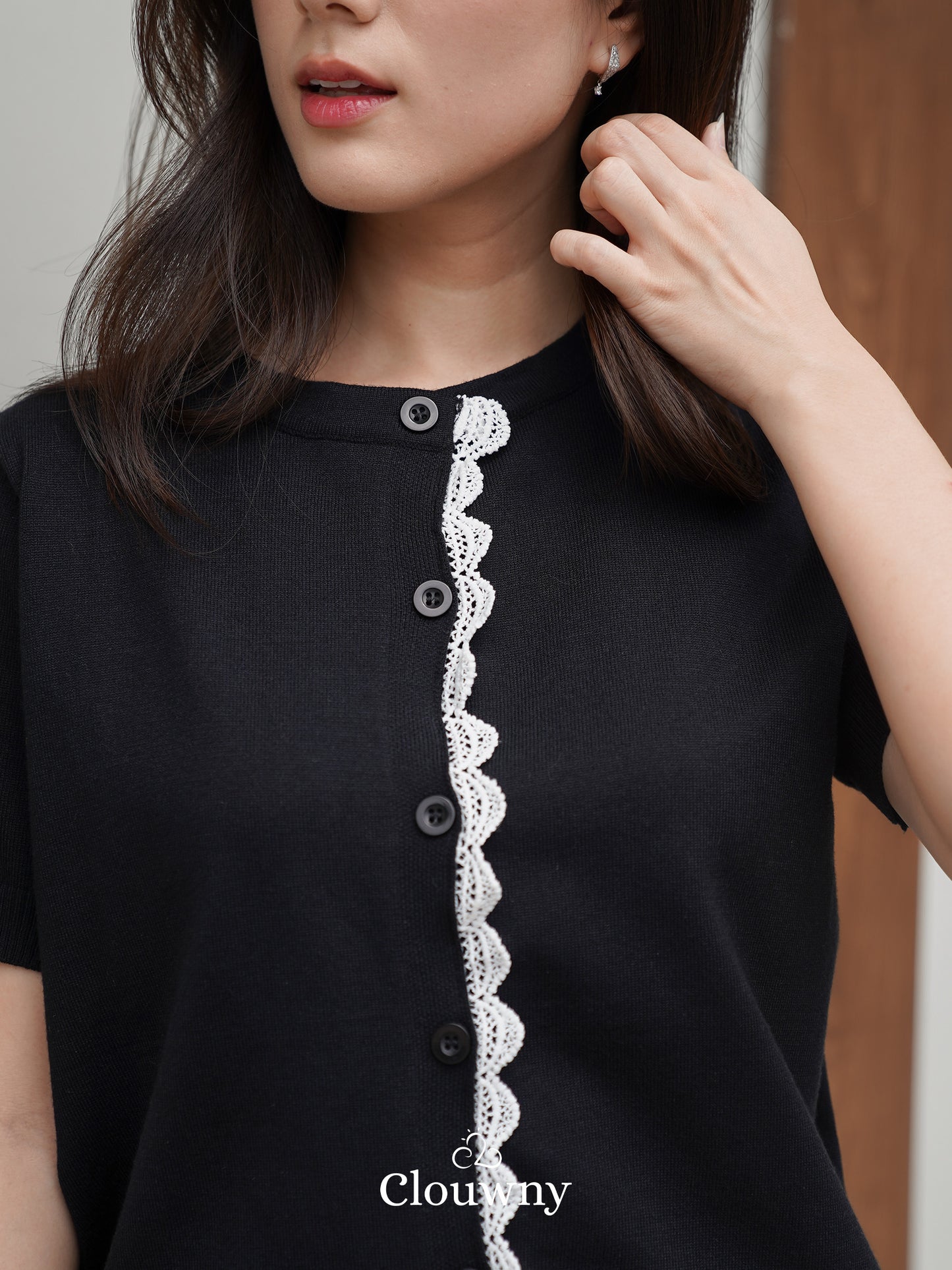 Izzy Button Lace Knit Top - Black