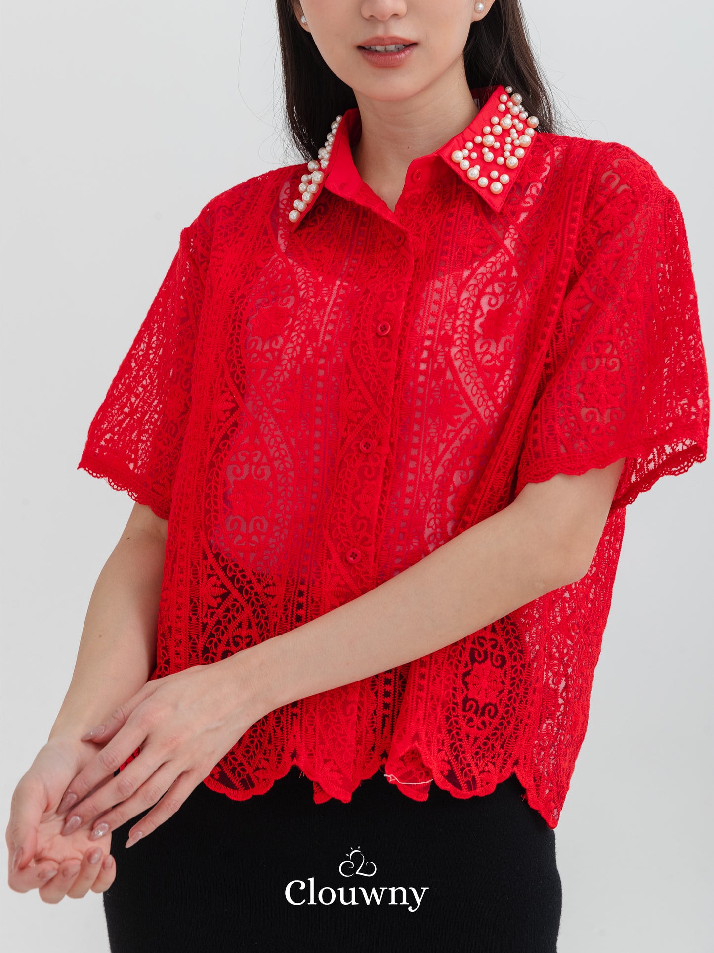 Chiro Pearl Lace Blouse - Red