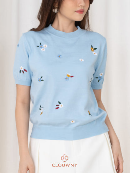 Minel Flower Knit Top - Blue