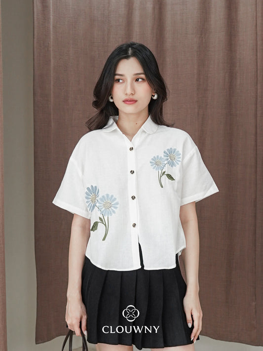 Sheryl Flower Cotton Shirt - White