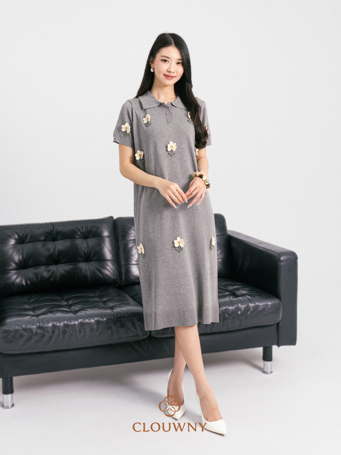 Anetha Flower Knit Dress - Grey