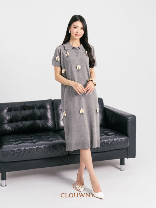 Anetha Flower Knit Dress - Grey