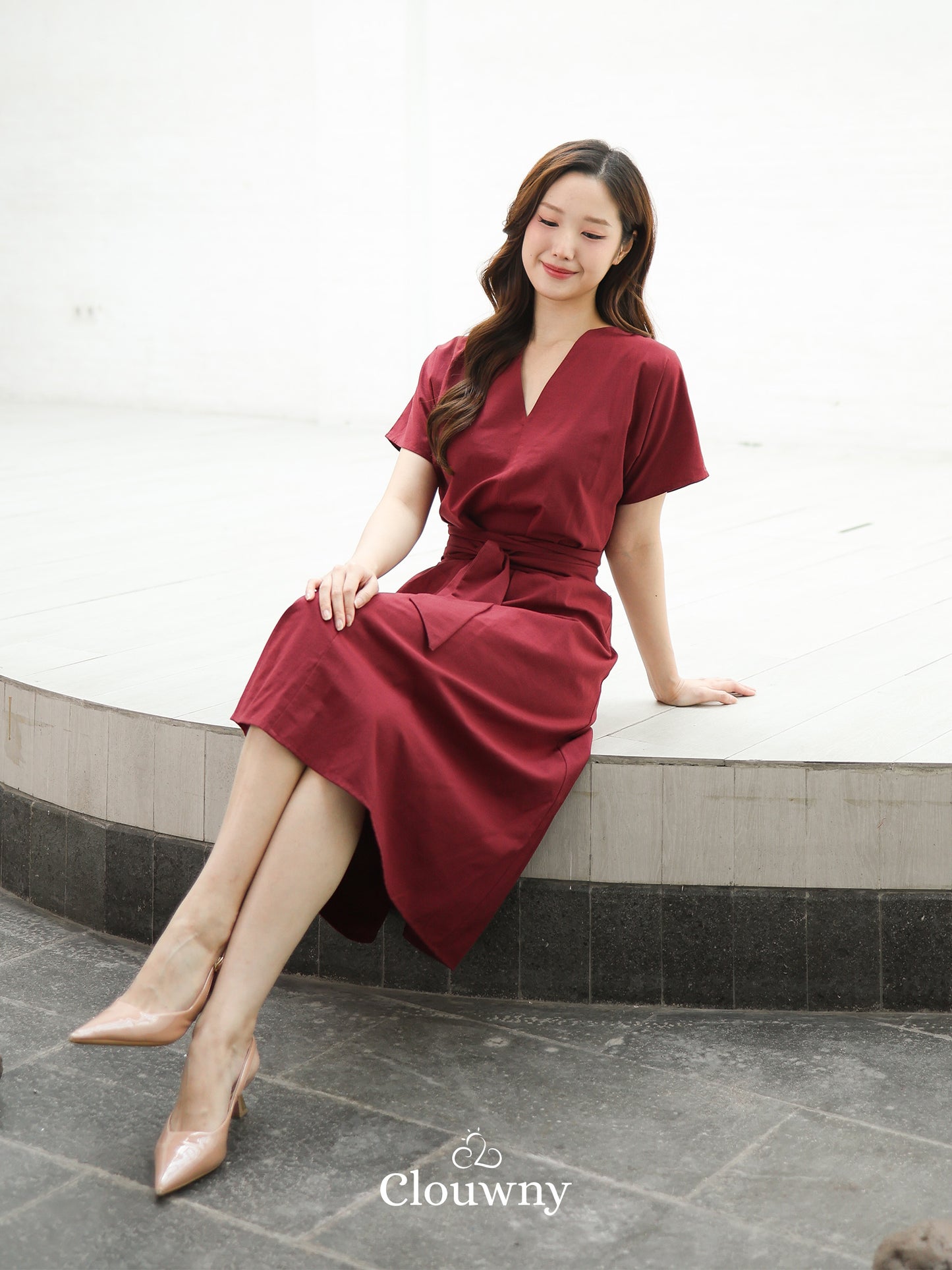 Cava Obi Kimono V-Dress - Maroon