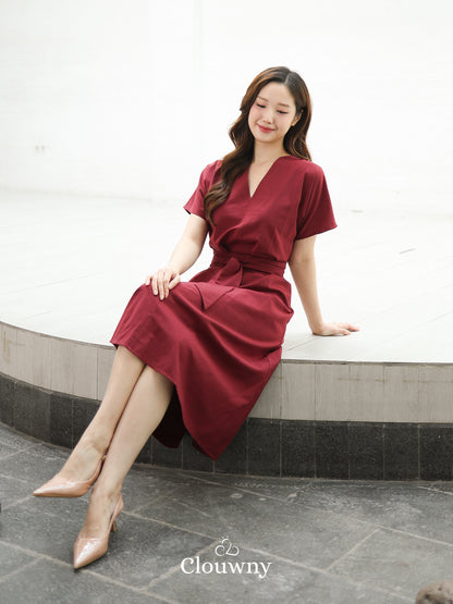 Cava Obi Kimono V-Dress - Maroon