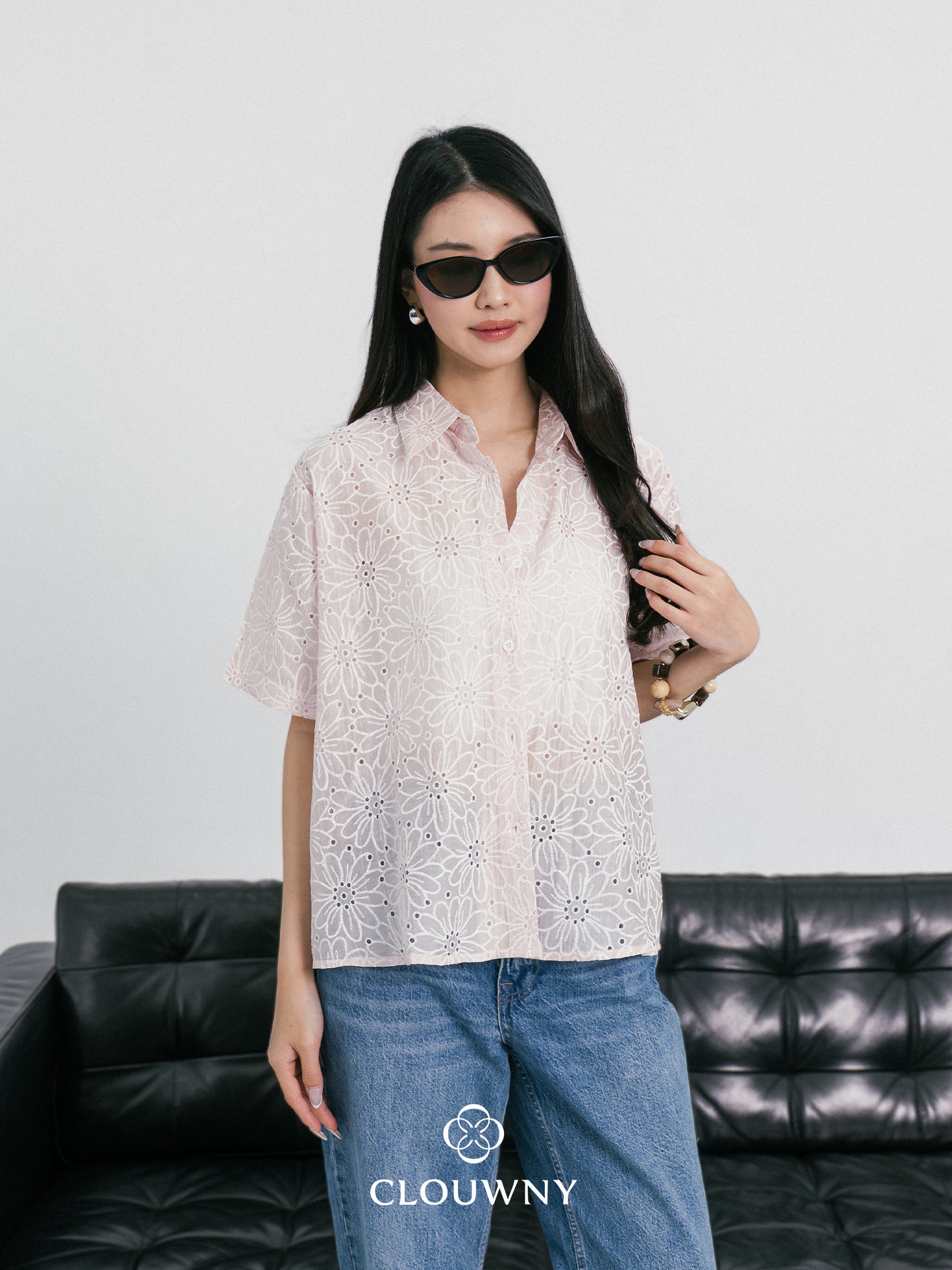 Kornelia Flower Embroidery Shirt - Pink