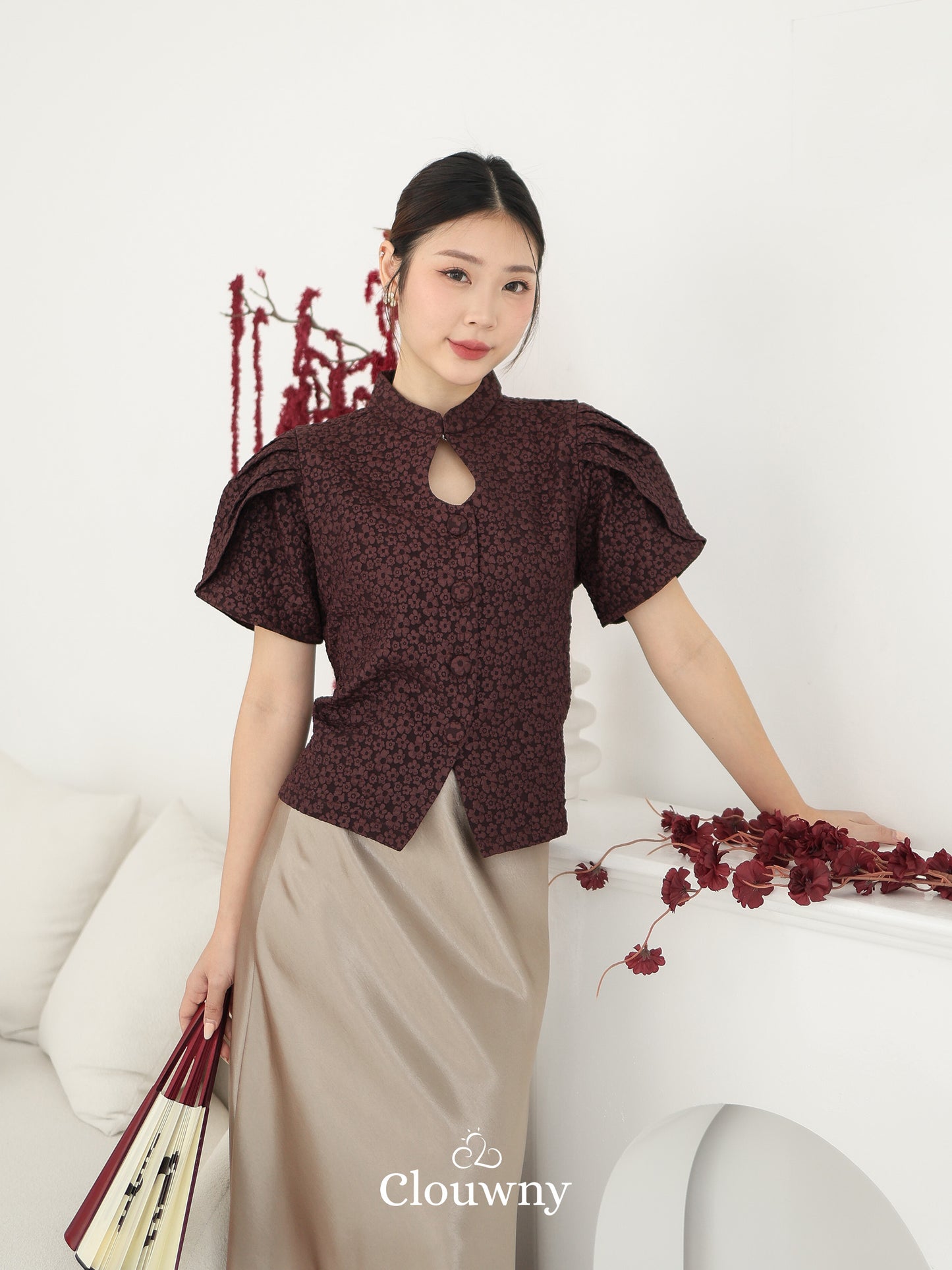 Jiro Button Qipao Top - Wine