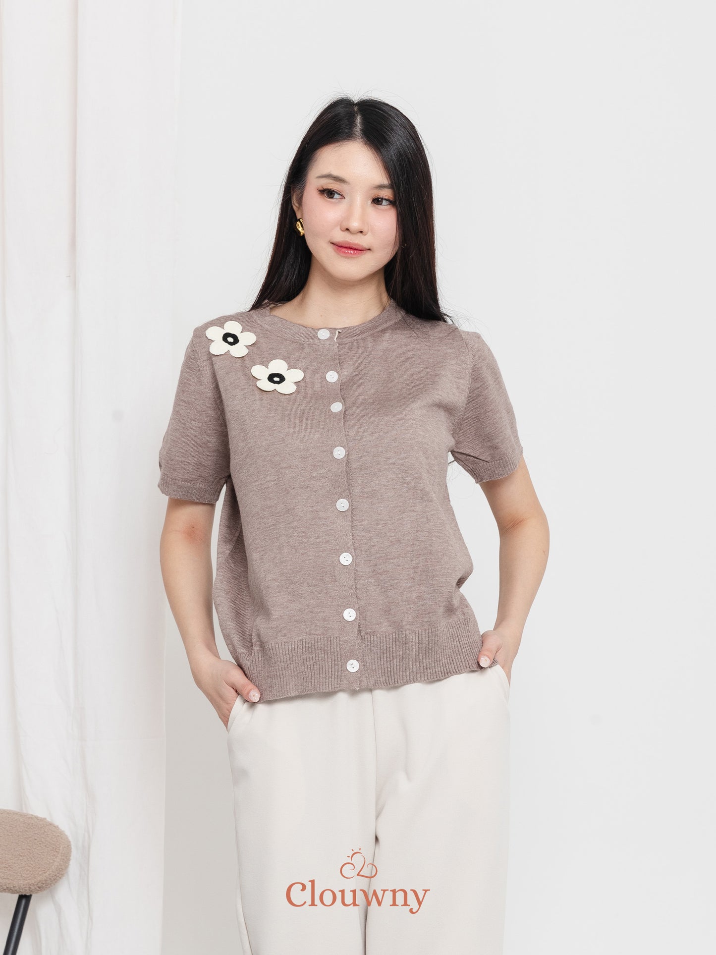 Alen Flower Knit Top - Beige