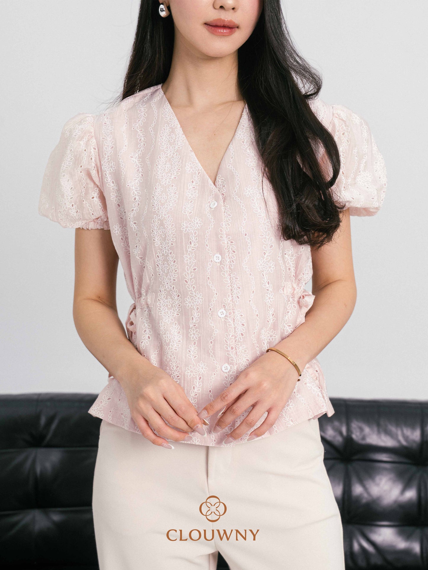 Angela Embroidery Side Drawstring Blouse - Pink