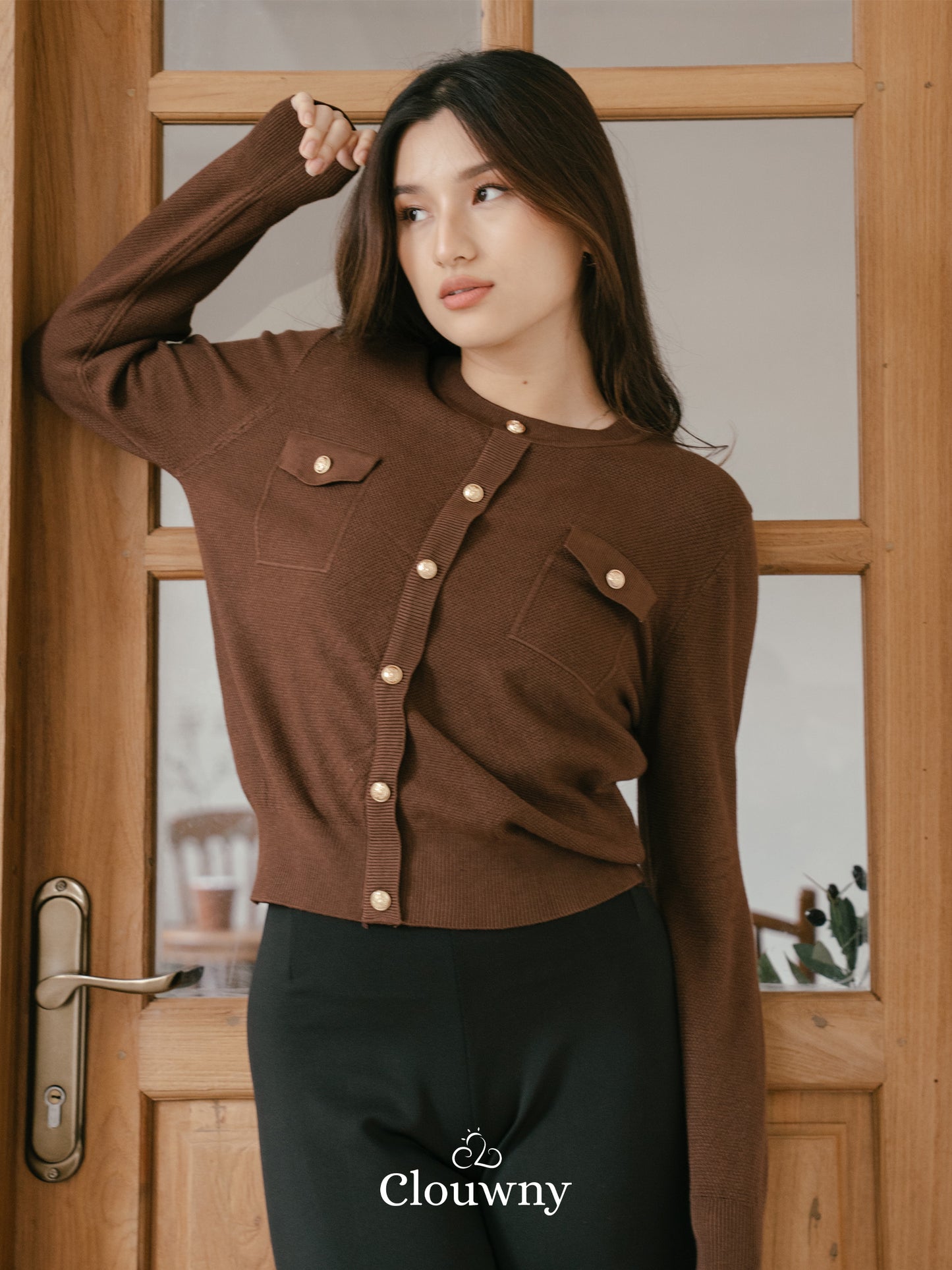 Pomp Button Top - Coffee