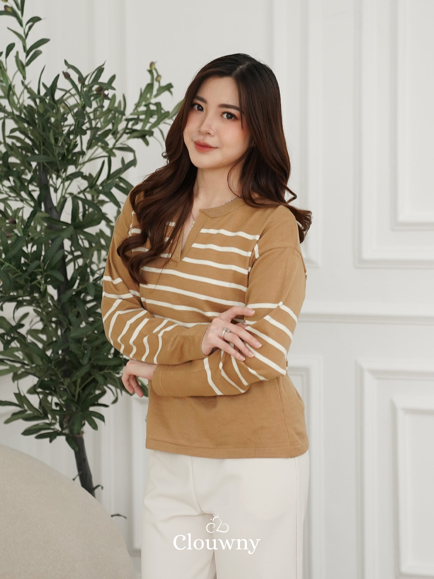 Amila Stripes Knit Top - Khaki