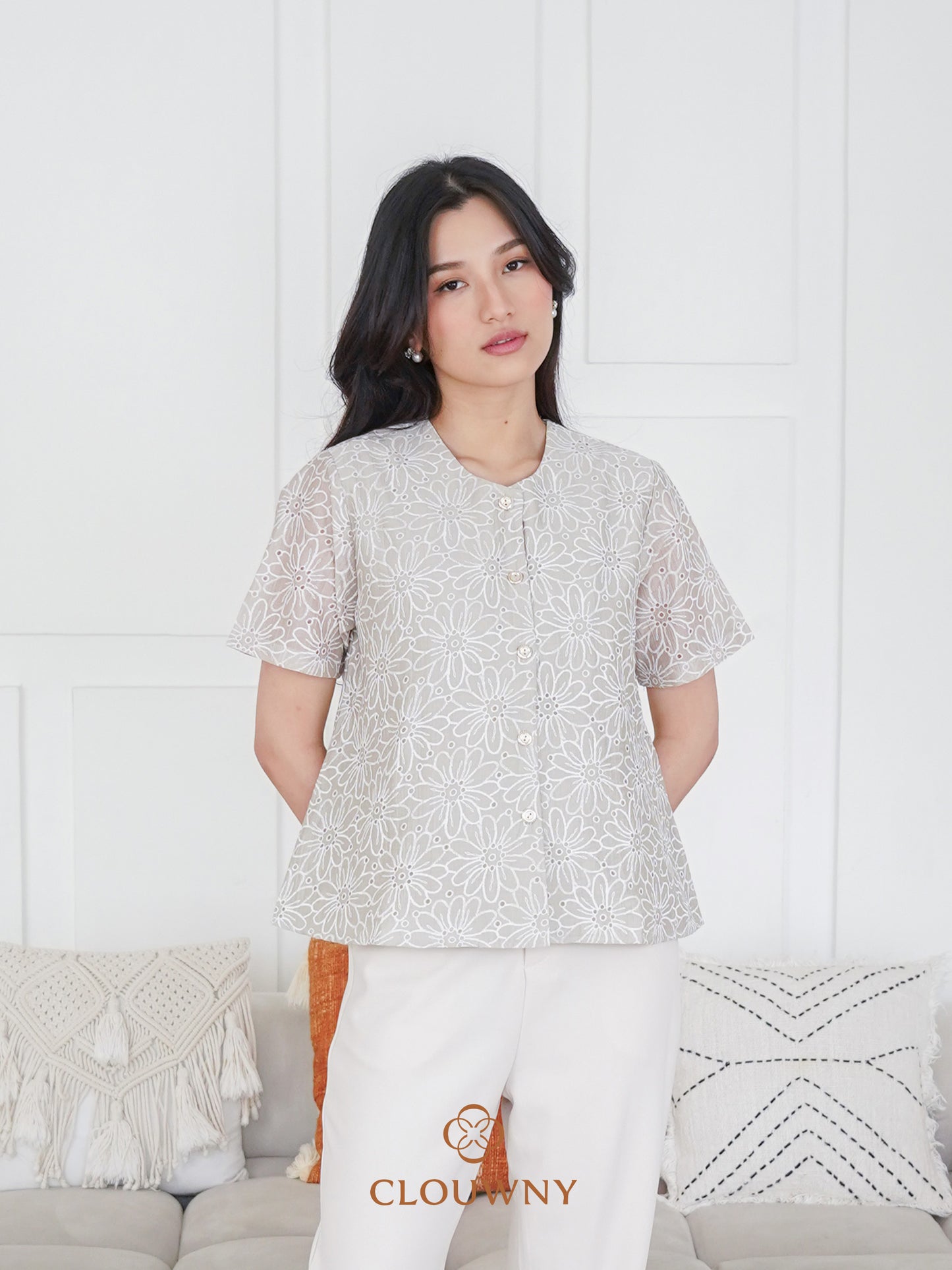 Forest Button Embroidery Blouse - Sage Green
