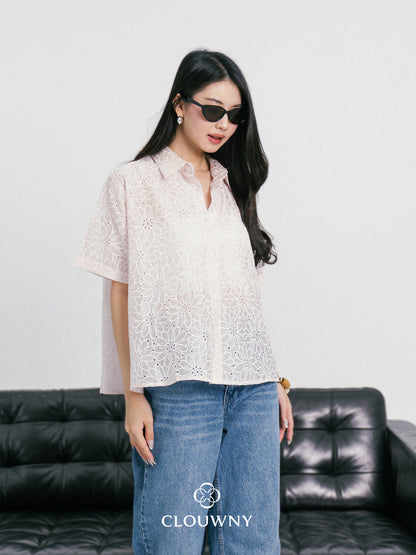 Kornelia Flower Embroidery Shirt - Pink