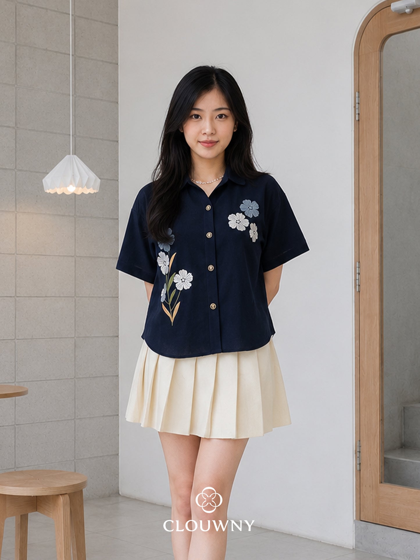 Loka Flower Cotton Shirt - Navy