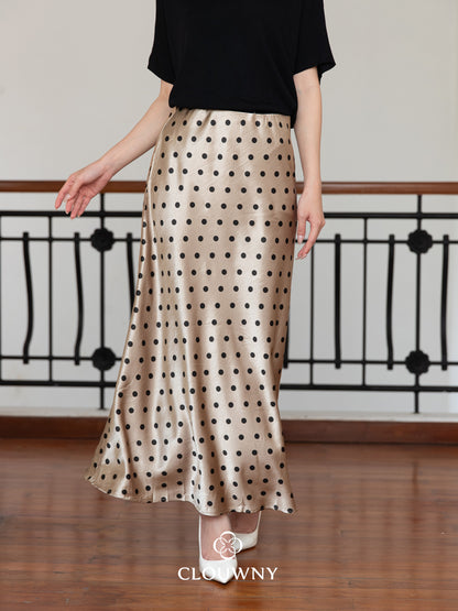 Polka Silk Flare Skirt - Mocca