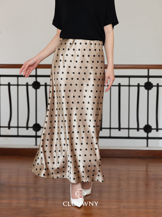 Polka Silk Flare Skirt - Mocca