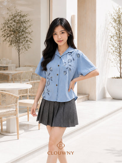 Solvi Flower Cotton Shirt - Blue