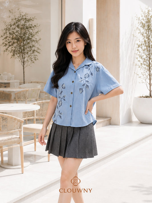 Solvi Flower Cotton Shirt - Blue