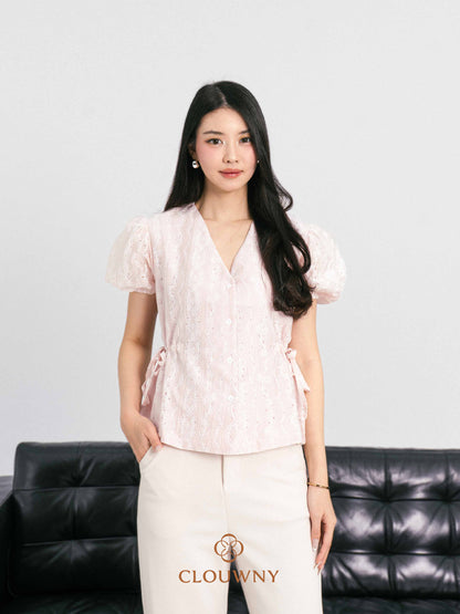 Angela Embroidery Side Drawstring Blouse - Pink