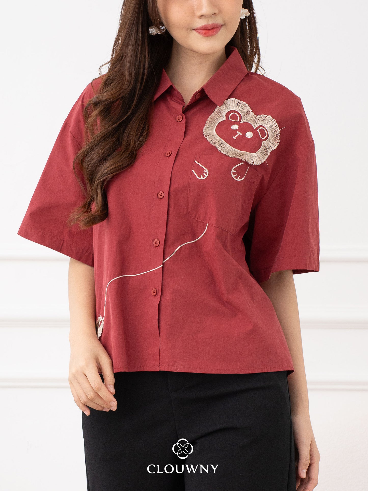 Lion Embroidery Shirt - Maroon
