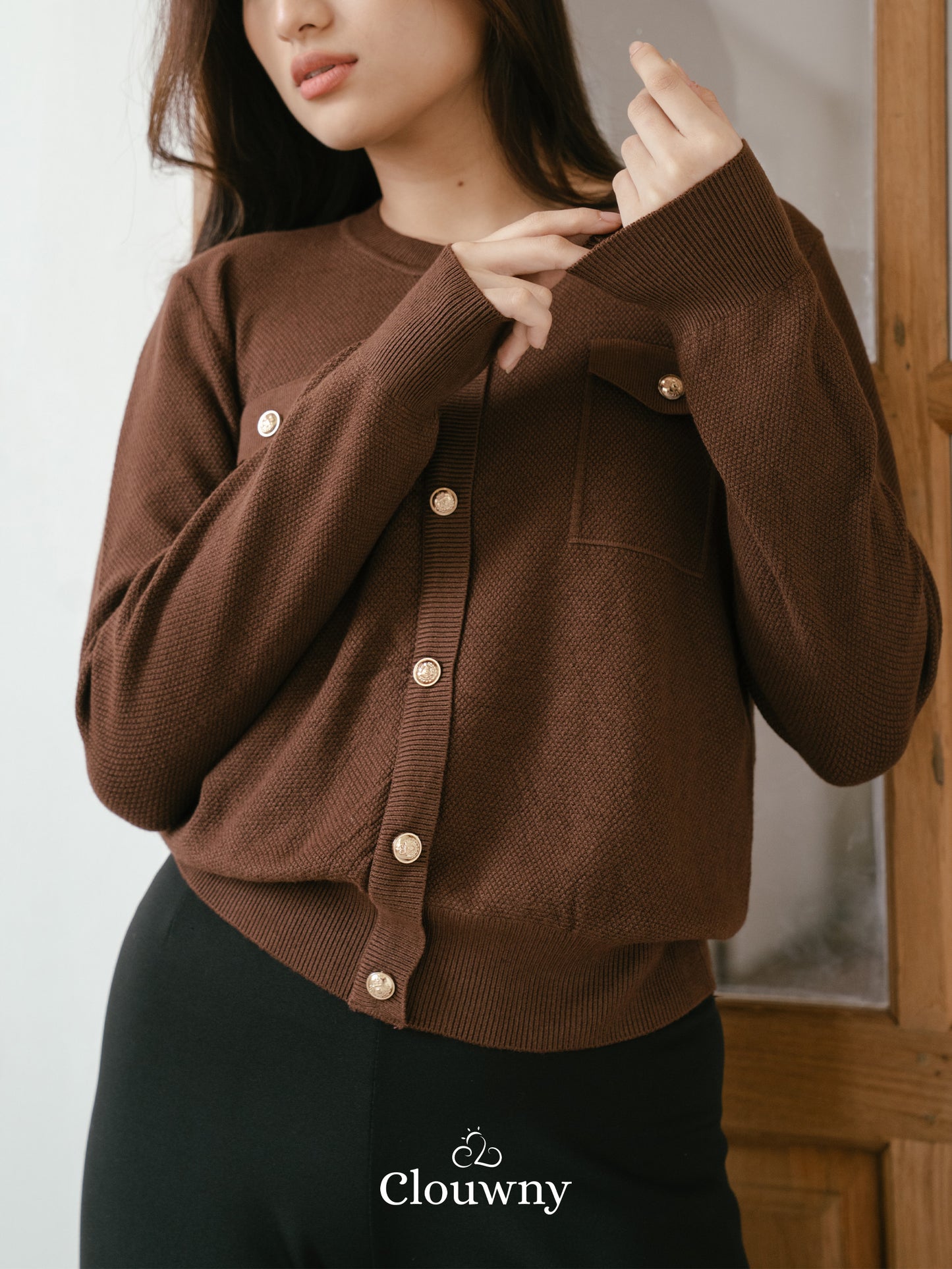 Pomp Button Top - Coffee