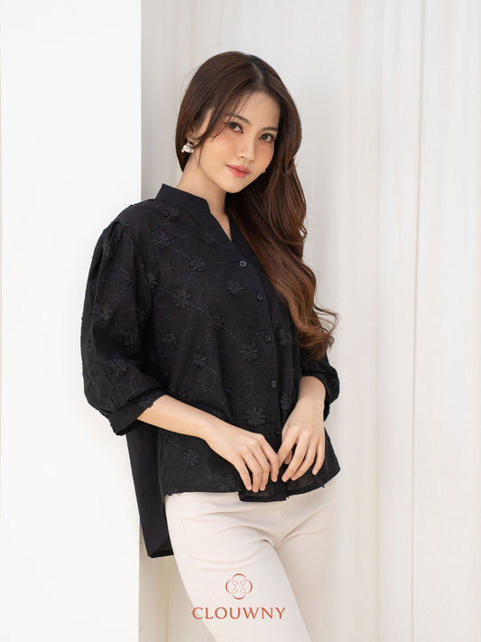 Farida Flower Blouse - Black
