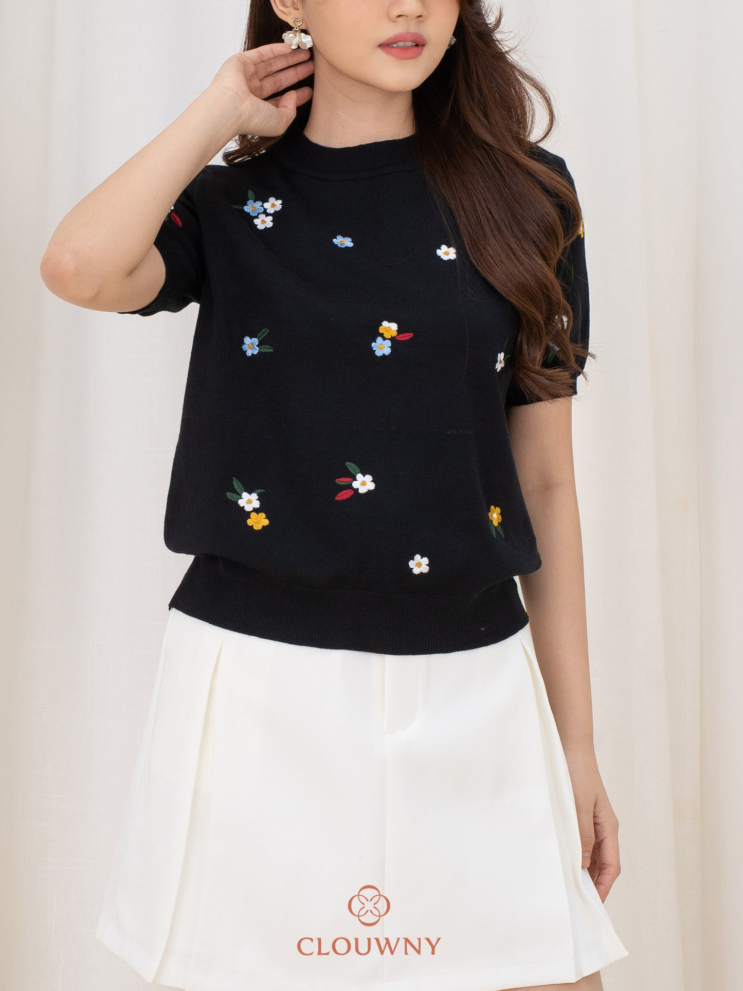 Minel Flower Knit Top - Black