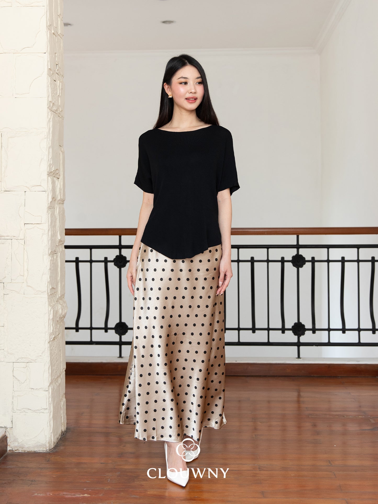 Polka Silk Flare Skirt - Mocca