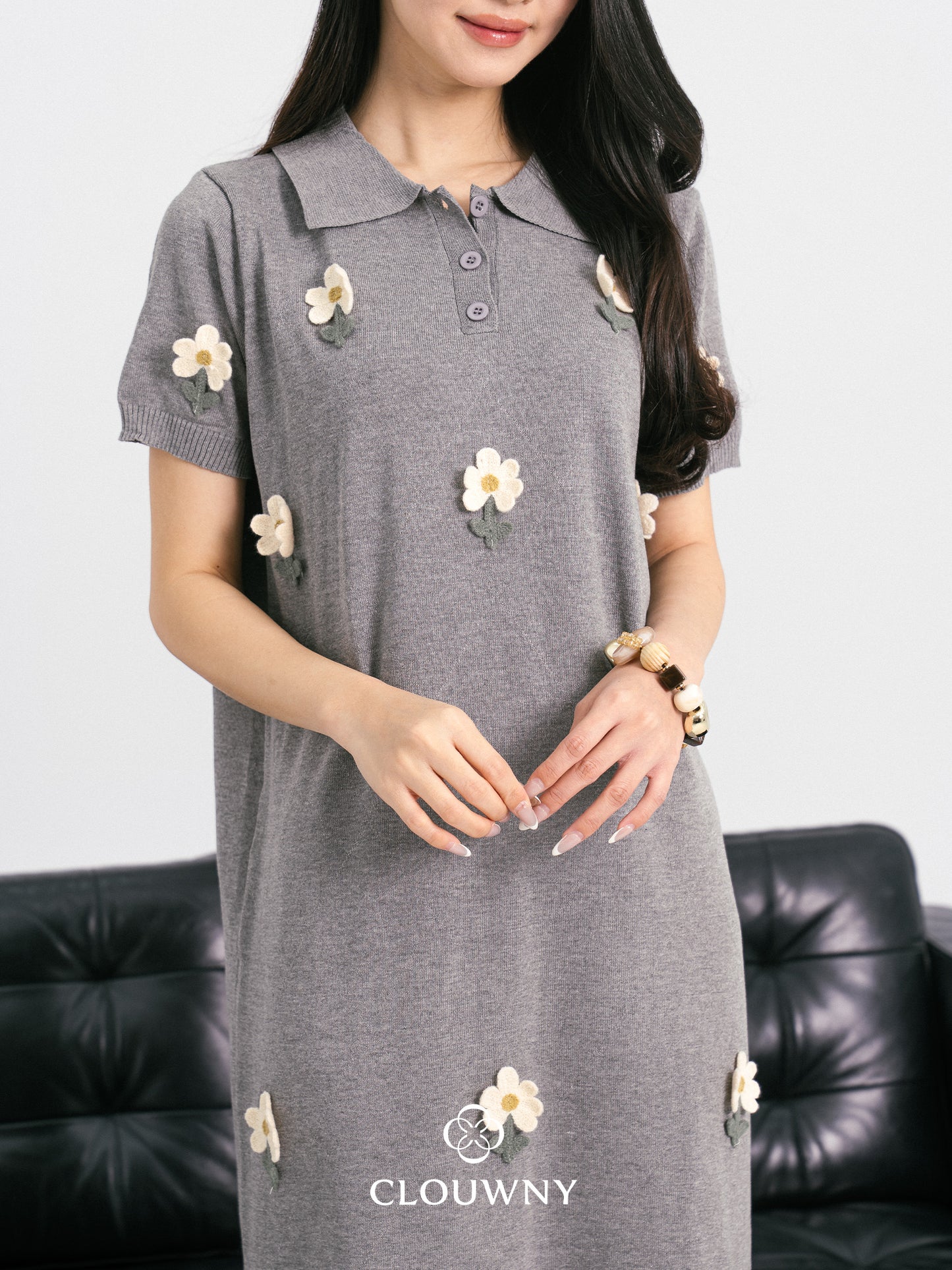 Anetha Flower Knit Dress - Grey