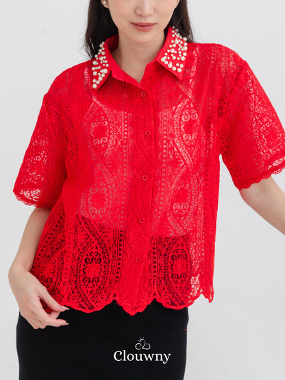 Chiro Pearl Lace Blouse - Red