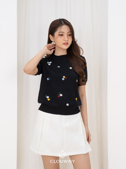 Minel Flower Knit Top - Black