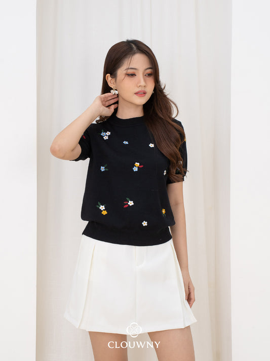 Minel Flower Knit Top - Black