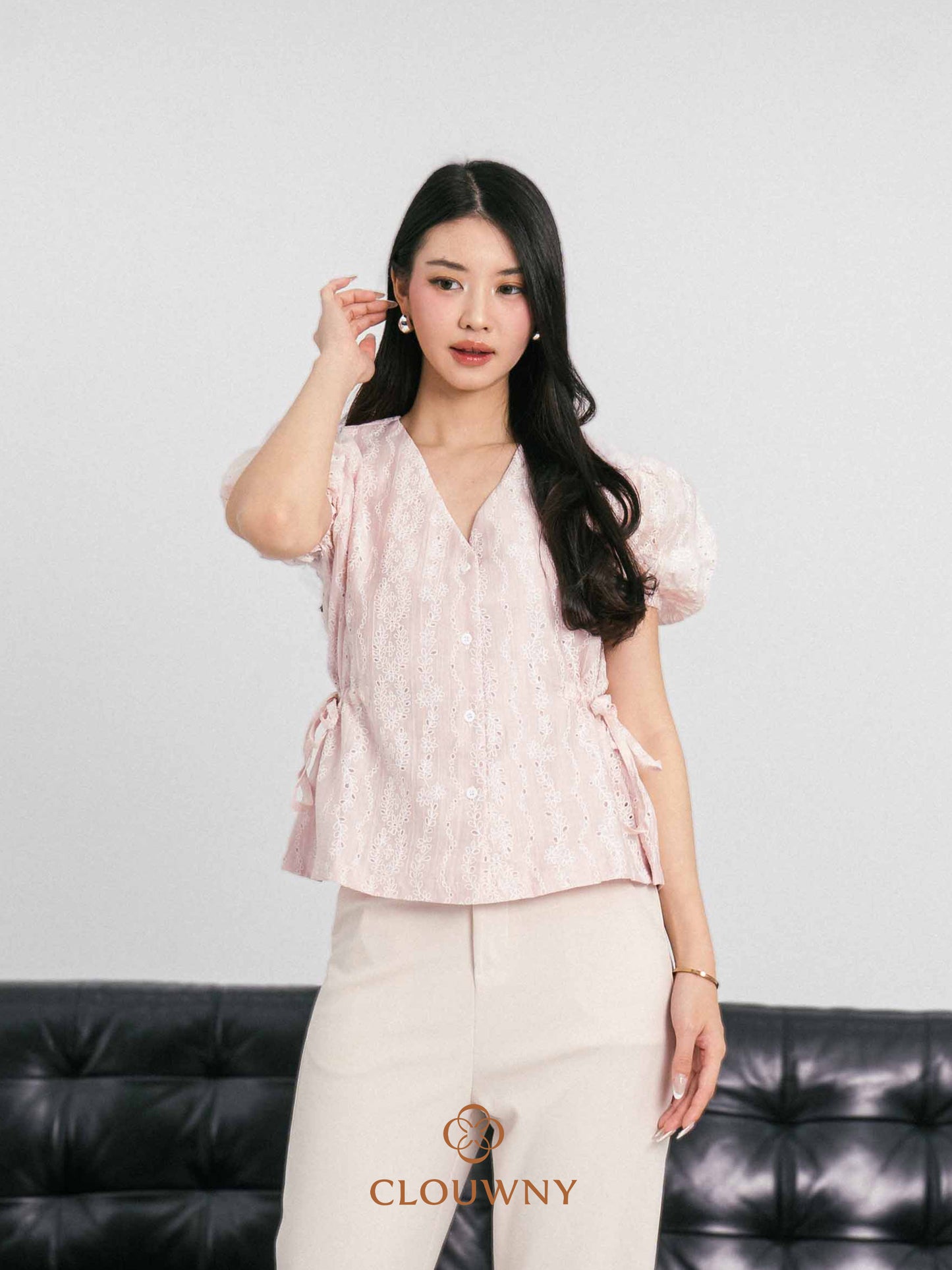 Angela Embroidery Side Drawstring Blouse - Pink