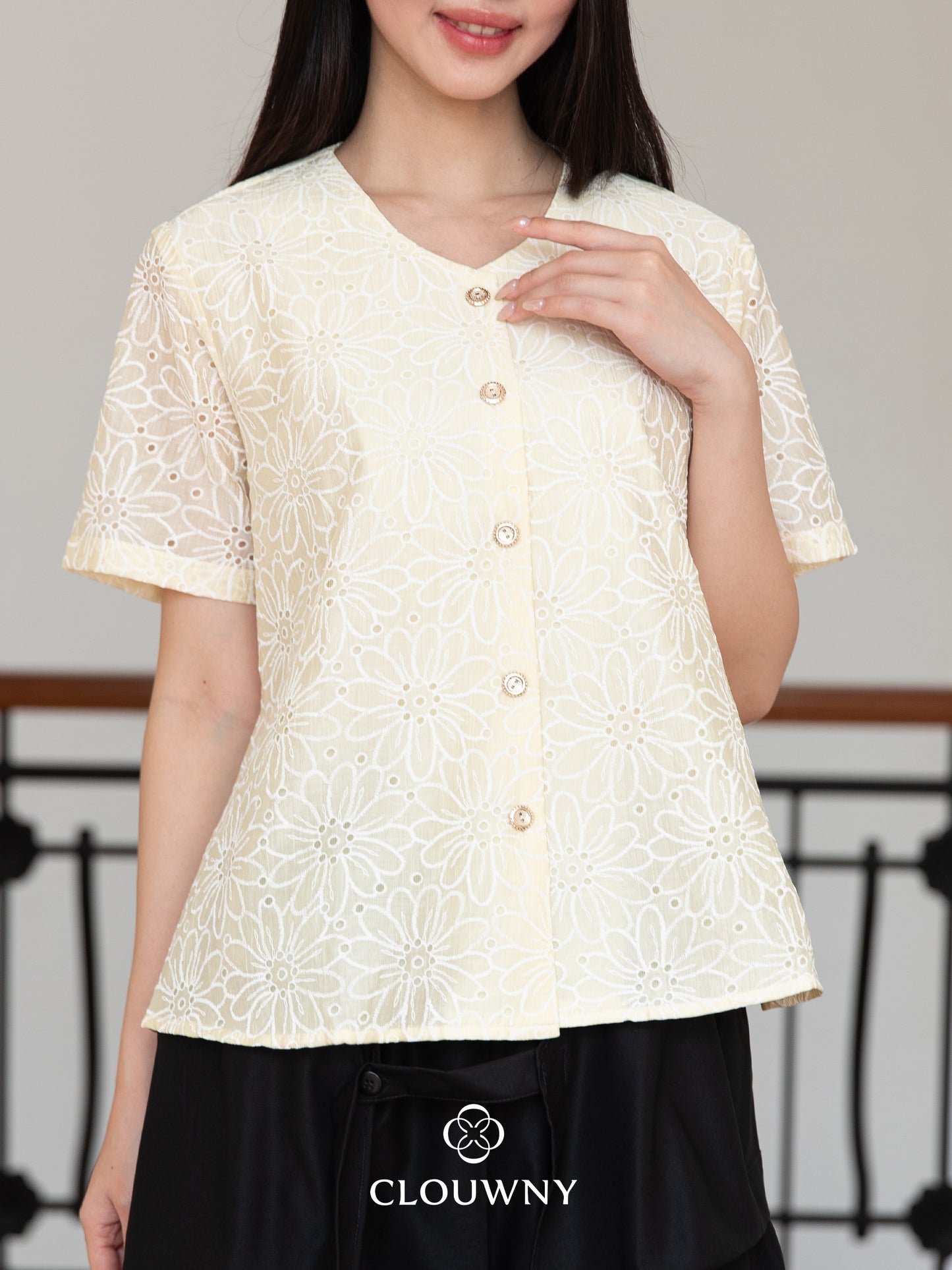 Forest Button Embroidery Blouse - Yellow