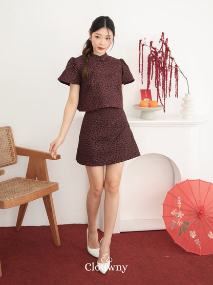 Keyta Ruffle Qipao Set - Wine