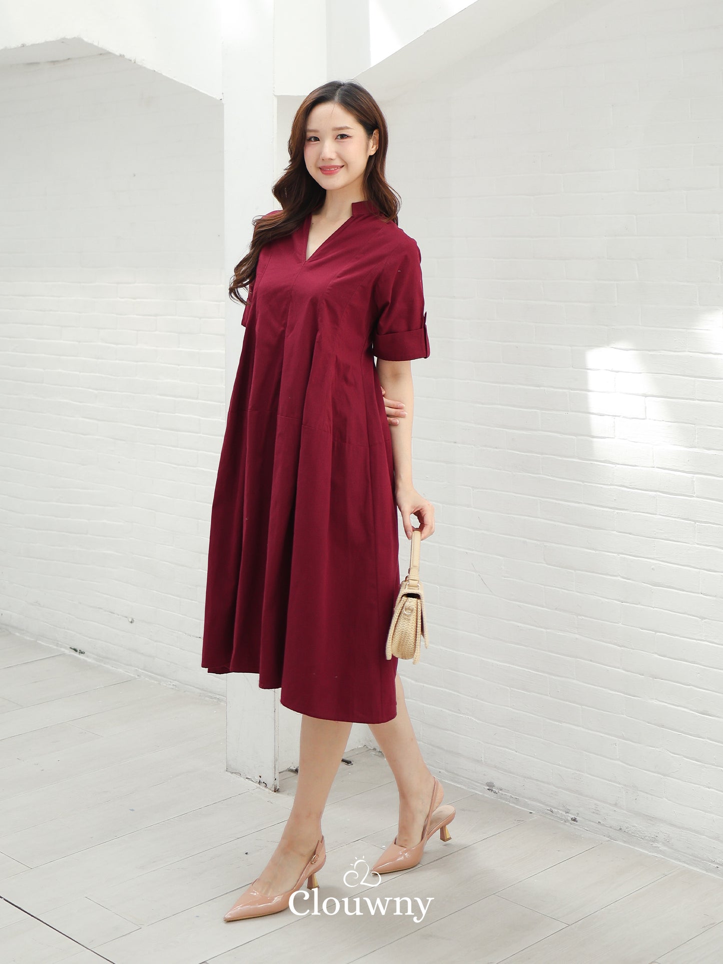Mayi Loose Vneck Dress - Maroon