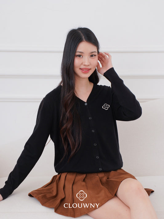 Mela Vneck Button Knit Cardigan - Black